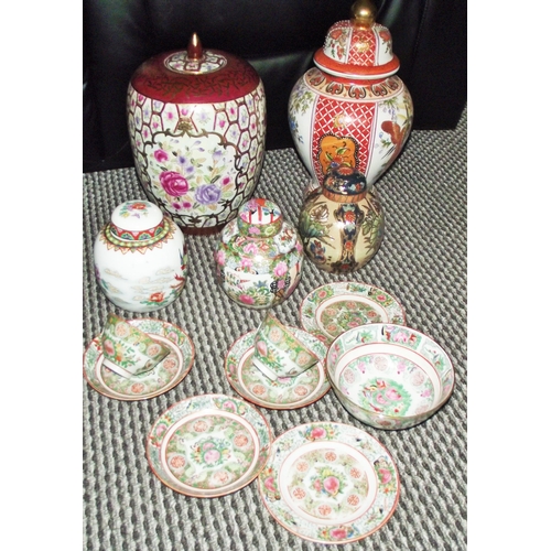 10 - Selection of oriental/ Asian pottery including small & large ginger jars , bowl ,saucers ,cups etc  ... 