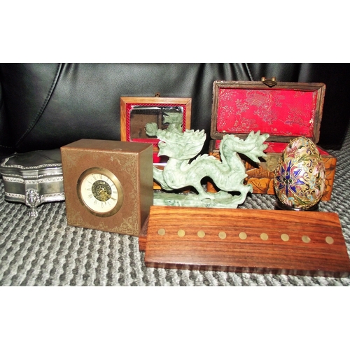 15 - Mixed lot inc. Oriental style carved box + Cloisonné style egg on stand +Swedish clock cased in leat... 