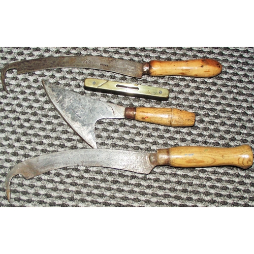 4 - 2 vintage turnip pulling knives + Vintage Wedges Mills  leather cutting tool + small W Bradshaw  bra... 