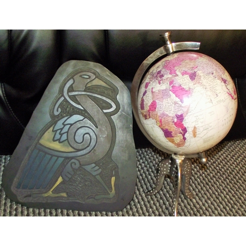 5 - World globe raised on trefoil alloy legs + Keltic slate carving by Reg Beach .