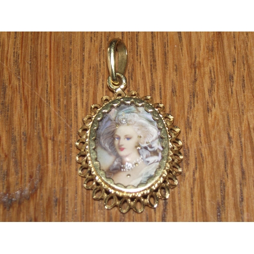 71 - 18ct gold gypsy style pendant with hand painted portrait  miniature of lady adorned with jewellery h... 