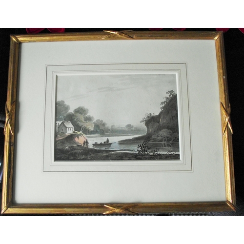 75 - Lovely  Antique watercolour mounted in vintage frame  ( river scene  with figures & boats Attributed... 