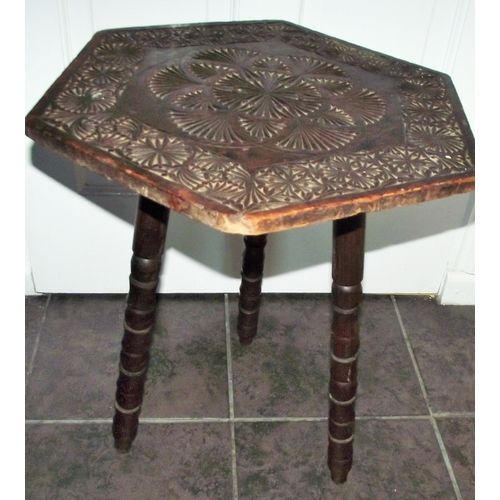 85 - Small vintage 3 legged profusely carved top side table