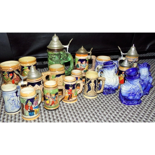 109 - Good selection of steins + 3 Burleigh ironstone toby jugs Danl Peggotty ,Mr Pecksniff, Tony Weller (... 