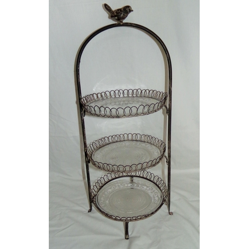 2 - Unusual antique hooped 3 tier pewter cake stand with bird finial with 3 pressed glass plates support... 