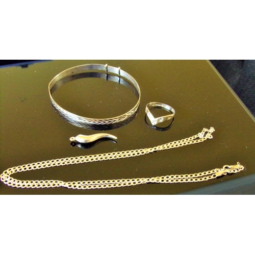 70 - 9ct gold adjustable ladies bangle + Ladies 9ct wishbone ring + 9ct gold chain & pendant 8.7g approx.