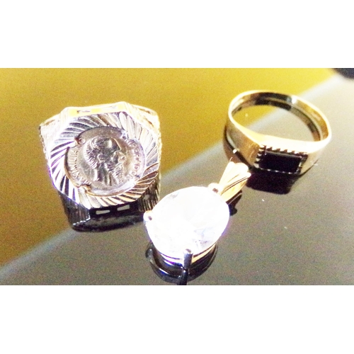 71 - 9ct gold Maxmillano coin ring + 9ct gold signet ring with black central stone + pendant marked 14k w... 