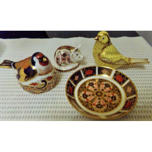 75 - Royal Crown Derby Paperweight goldfinch nesting,+ Royal Crown derby Canary paperweight + pig paperwe... 