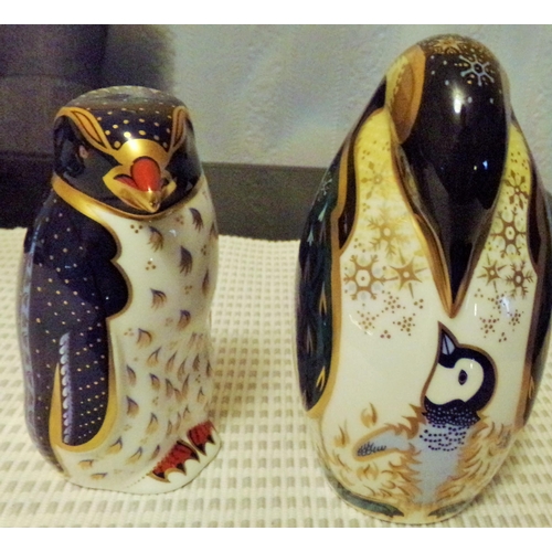 79 - Royal Crown Derby penguin mother and young + Royal Crown derby rock hopper penguin both with 21st st... 