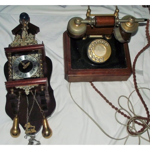 107 - Atlas wall clock + reproduction  old style  telephone