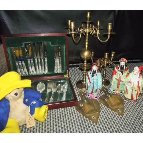 110 - Mixed lot Inc. Canteen cutlery , Padding bear, 2x brass 4 branch candelabras , 3 pottery oriental st... 