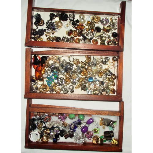 6 - Mahogany  3 draw jewellery box  full of pairs of vintage mainly clip earrings