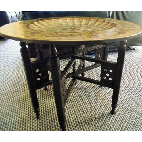 87 - Good quality antique Indian dished topped folding legged table. Large circular dished top with flute... 