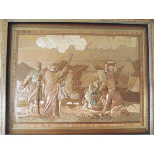 89 - Similar lot- Antique embossed straw work picture. Single strands  of straw laid on card layers of ca... 