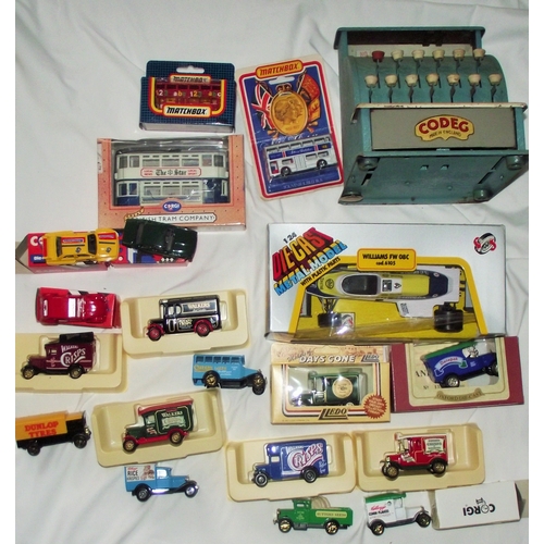 98 - Childs vintage  Codeg cash register + selection of  Corgi, matchbox & days gone by  collectors toys