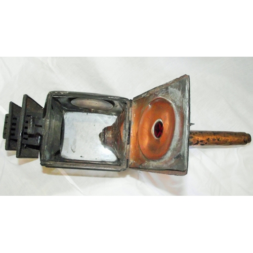 19 - Antique coach / carriage lamp with copper handle, burner still inside glazed on 2 sides. 19 approx.