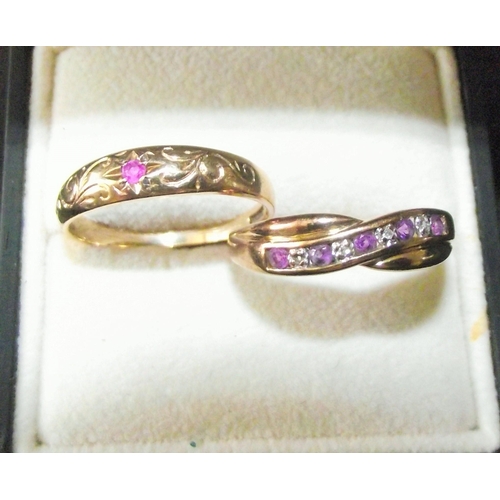 67 - 2 x  good quality ladies 9ct gold rings  1 crossover set with diamond amethyst and 1 set with small ... 