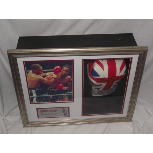 88 - Box framed signed   Nigel Benn boxing glove with picture and plaque The Dark Destroyer 18x22x6.5 A1... 