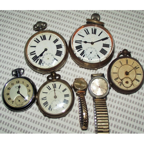 44 - 2 x  base metal goliath watches ( not seen working ) + Silver pocket watch for spares + brass cased ... 