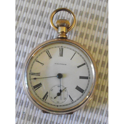 45 - Gold plated open face Waltham  pocket watch with subsidiary seconds dial ( seen ticking)