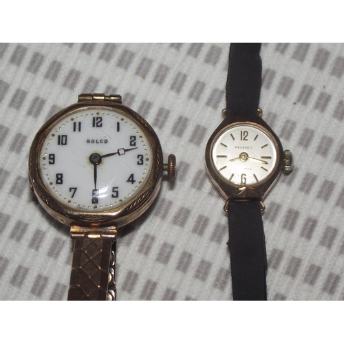 56 - 2x ladies 9ct gold cased wrist watches Rolco with white dial on expandable strap ( not working ) Reg... 