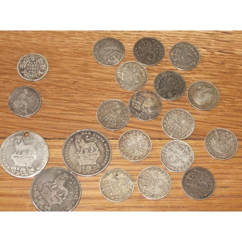 42 - 11x  silver 3d coins + 3x George 1v  silver shillings + victoria silver 2 anna +Victorian 4d Groat