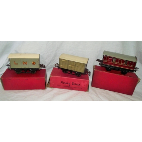 85 - Hornby O gauge Goods van, Meat van , Passenger brake van with original boxes