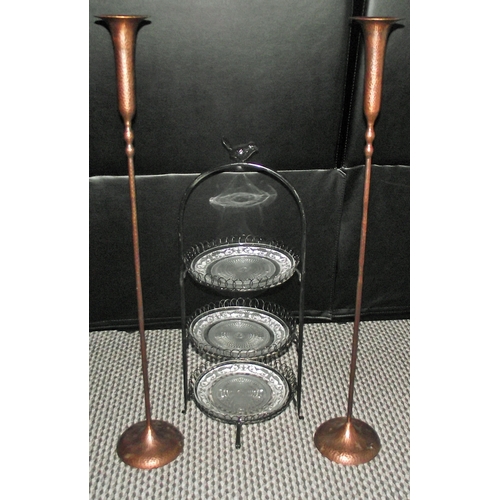 96 - Pair hand made tall copper candle stands with hand beaten design 31