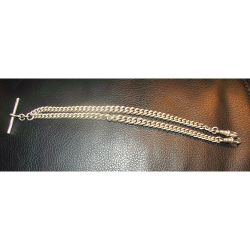 17 - Silver double albert watch chain  marked on each link & T bar & watch clips  37.7g approx