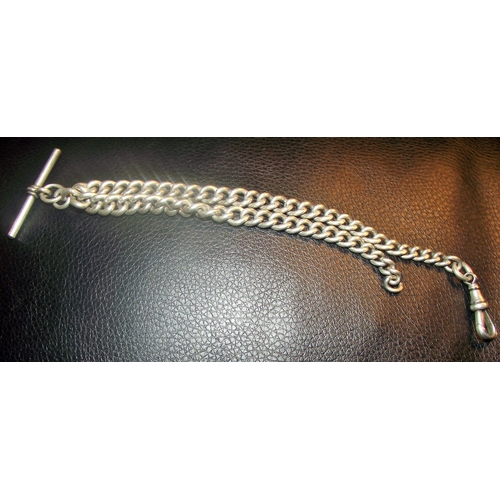 18 - Silver double albert watch chain  marked on each link & T bar & single watch clip 42g approx