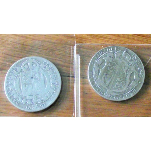 39 - 1891 Queen Victoria Silver Crown + 1909 edward V11 Silver half crown  Coin  (  both good condition )