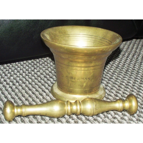 4 - Heavy Antique English brass  bell shaped chemist  Apothecary Mortar and Pestle,  Victorian, C.1800 w... 