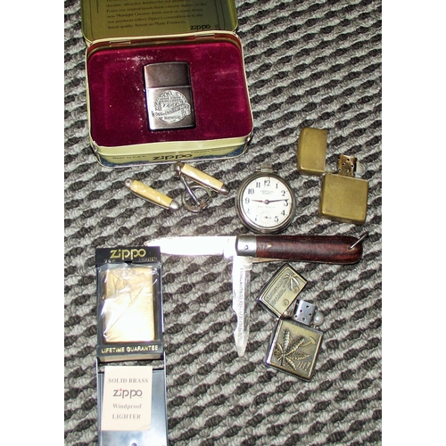 20 - Zippo lighters +Westclox Scotty pocket watch ( working) + pearing knife + 2 small pocket knives