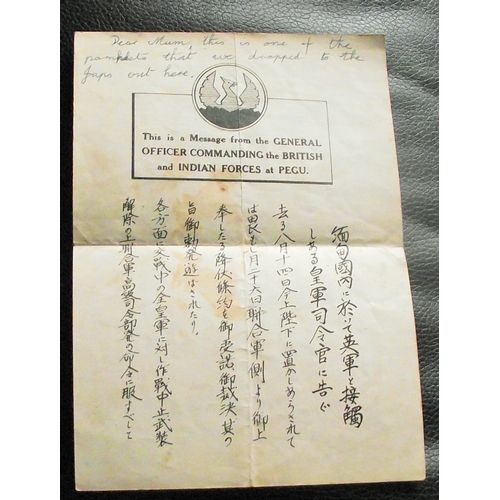 36 - Extremely Rare (Possible museum piece) Paper Pamphlet which was air dropped over Pegu-Burma (now mya... 