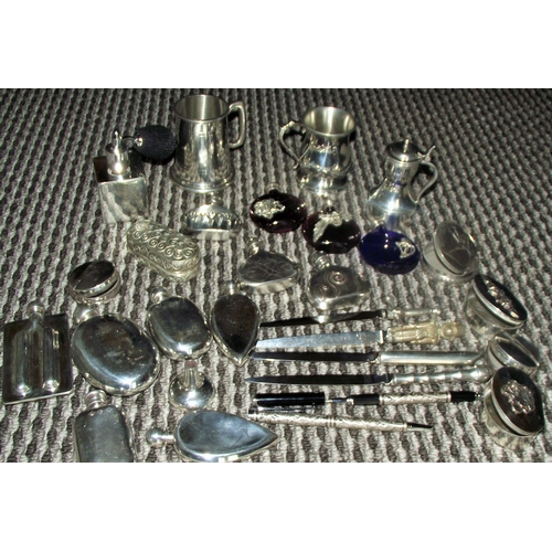 65 - Good selection of various items of highly polished pewter wares inc miniature tankards , hip flaskes... 