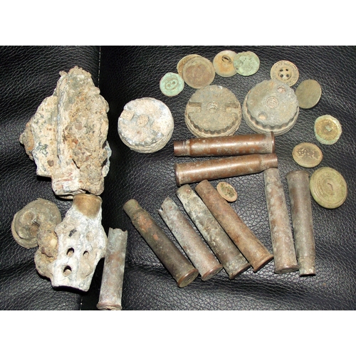 71 - Metal detectorist finds inc 2 x Mills Hand grenade caps , military buttons ,spent cartridges some da... 