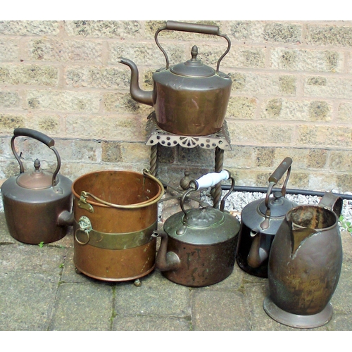 86 - Collection of various antique copper kettles + copper jug & copper circular bin + Antique copper & b... 