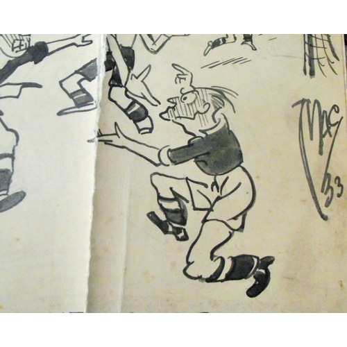 18 - Rare hand drawn cartoon on card of the famous football Millburn Brothers signed bottom right by Mac ... 