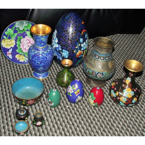 1 - Several pieces of vintage cloisone wares including a small minature set , eggs , bowl etc