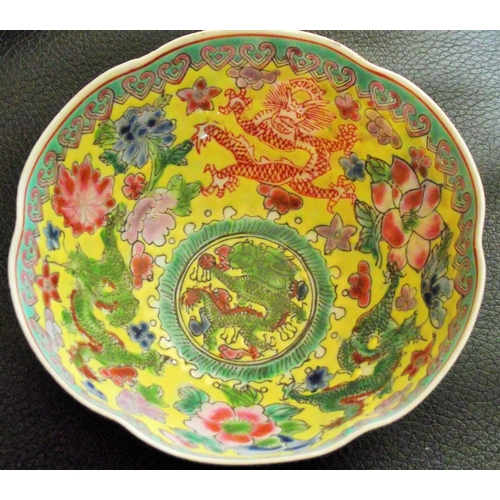 105 - Chinese porcelain yellow ground bowl hand painted with dragons and flowers 10cm diam 5cm tall red 6 ... 