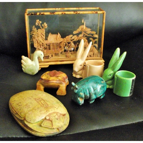 107 - 2x 1930/40 Sylvac 1270 bunny match strikers + vintage chinese cork diarama + hardstone carved swan ,... 