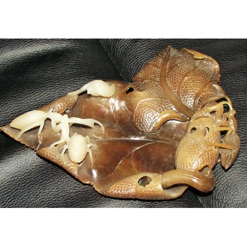 29 - Superbly carved 19thc agate / soapstone carving of Lotus leaves with praying mantis , small bird and... 