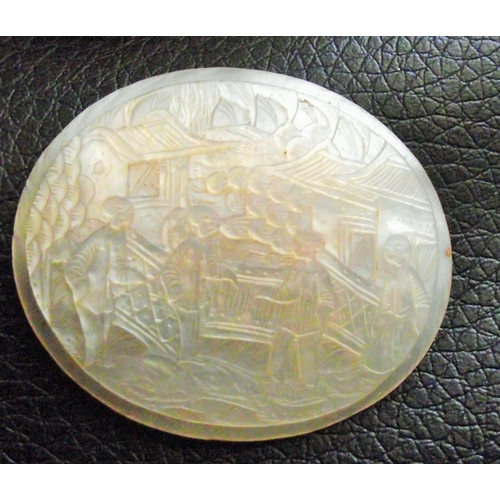 38 - small jade plaque depicting a sea creature + small mother of pearl 19thc girdle plaque for a mandari... 