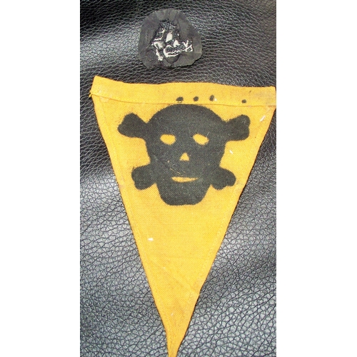 51 - + German skull and cross bones SS enlisted cap badge A good original example. Yellow triangular cott... 