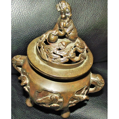 70 - Late19th early20thc quality well cast bronze incense burner panells around the body depicting differ... 