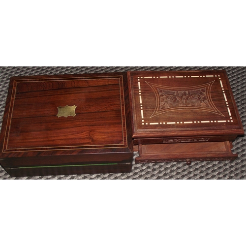 79 - Antique mahogany string inlaid writing slope + inlaid hand carved box with lower draw carved with fl... 