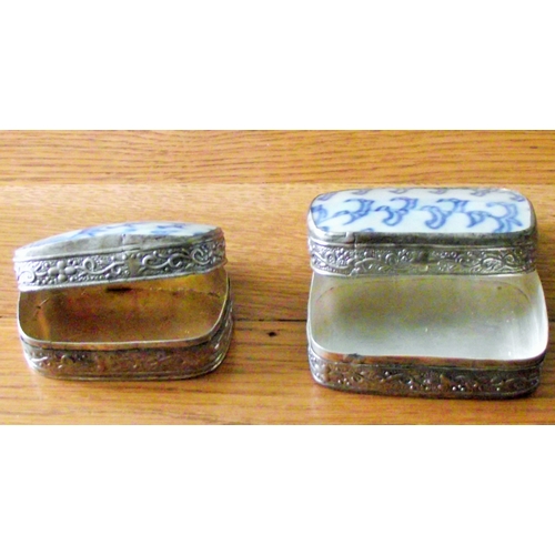 7 - 2x vintage Chinese porcelain shard boxes embossed metal bodies with painted porcelain lids