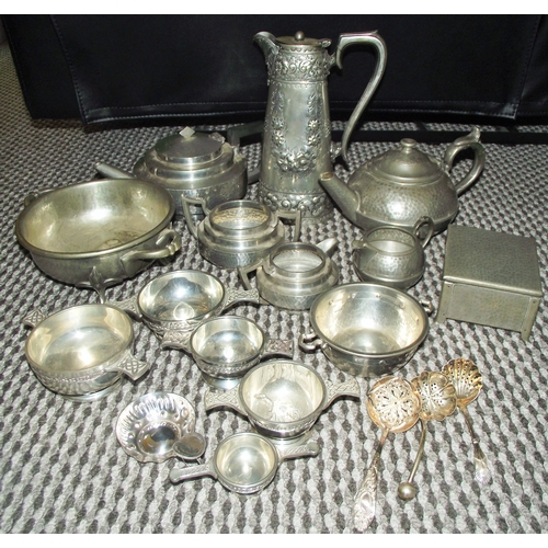 80 - Good selection of pewter tea wares , pewter lidded box embossed plated ware lidded jug & collection ... 