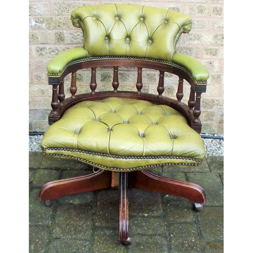 1 - Green leather button back captains style swivel chair