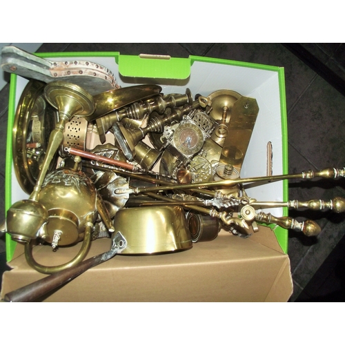 105 - Good quality box of mixes brass wares inc-Fire irons , candle sticks , horse brasses wrought iron ha... 